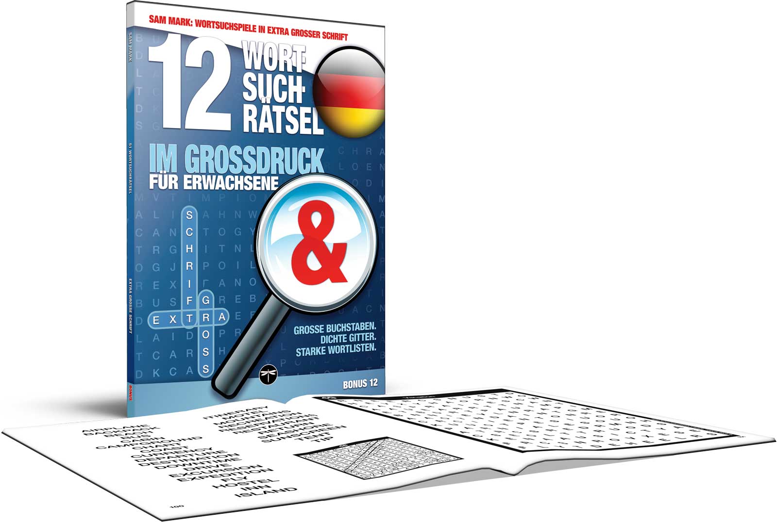 Mockups der Bonusrätsel von Sam Mark: Wortsuchspiele in extra großer Schrift. Ein geschlossenes Buch hinter einem aufgeschlagenen Buch mit Demoseiten.