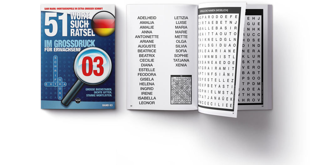 51 Wortsuchrätsel im Großdruck für Erwachsene, Band 03: Mockup des geschlossenen Softcovers mit einem offenen Exemplar rechts daneben. Wortlisten und Buchstabengitter sind sichtbar.