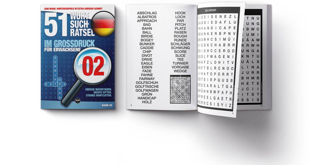 51 Wortsuchrätsel im Großdruck für Erwachsene, Band 02: Mockup des geschlossenen Softcovers mit einem offenen Exemplar rechts daneben. Wortlisten und Buchstabengitter sind sichtbar.