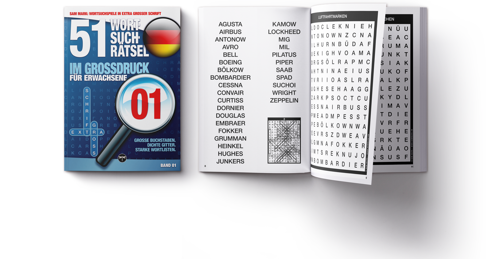 51 Wortsuchrätsel im Großdruck für Erwachsene, Band 01: Mockup des geschlossenen Softcovers mit einem offenen Exemplar rechts daneben. Wortlisten und Buchstabengitter sind sichtbar.