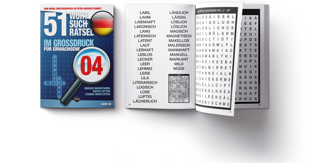 51 Wortsuchrätsel im Großdruck für Erwachsene, Band 04: Mockup des geschlossenen Softcovers mit einem offenen Exemplar rechts daneben. Wortlisten und Buchstabengitter sind sichtbar.