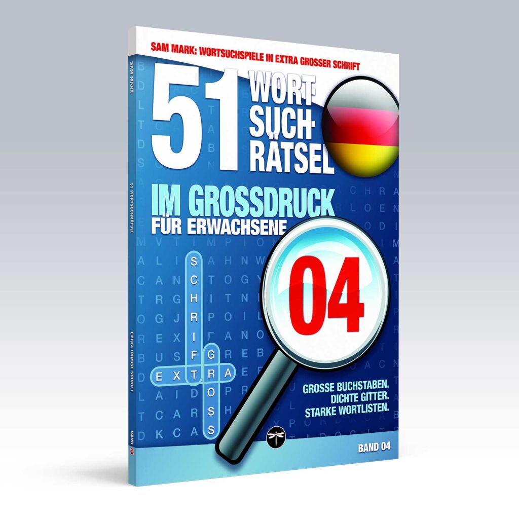 Sam Mark, Wortsuchrätsel in extra großer Schrift, Titelbild von Band 04, Mockup des geschlossenen Buches, stehend, auf hellem Untergrund