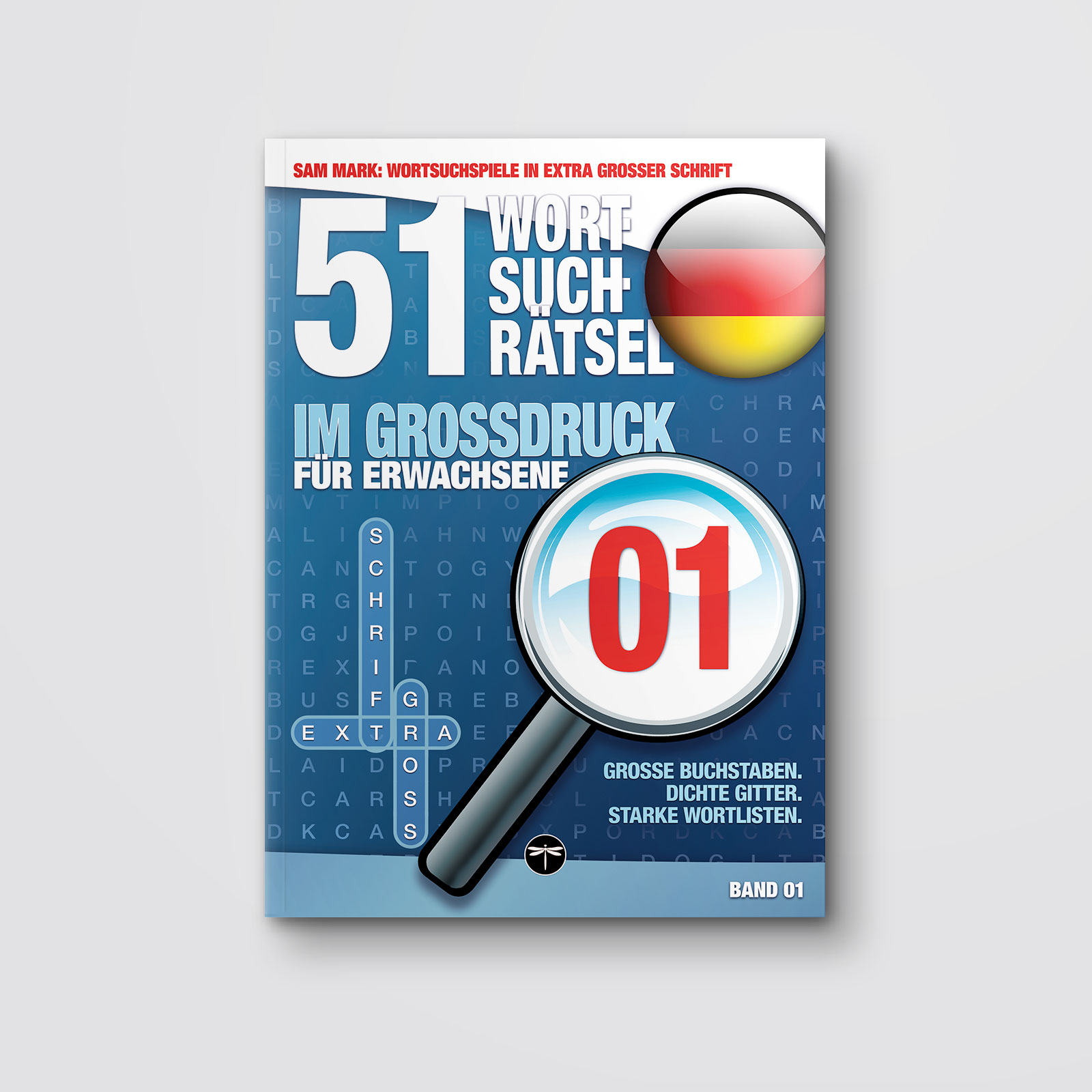 Sam Mark, Wortsuchrätsel in extra großer Schrift, Titelbild von Band 01, Mockup des geschlossenen Buches auf hellem Untergrund