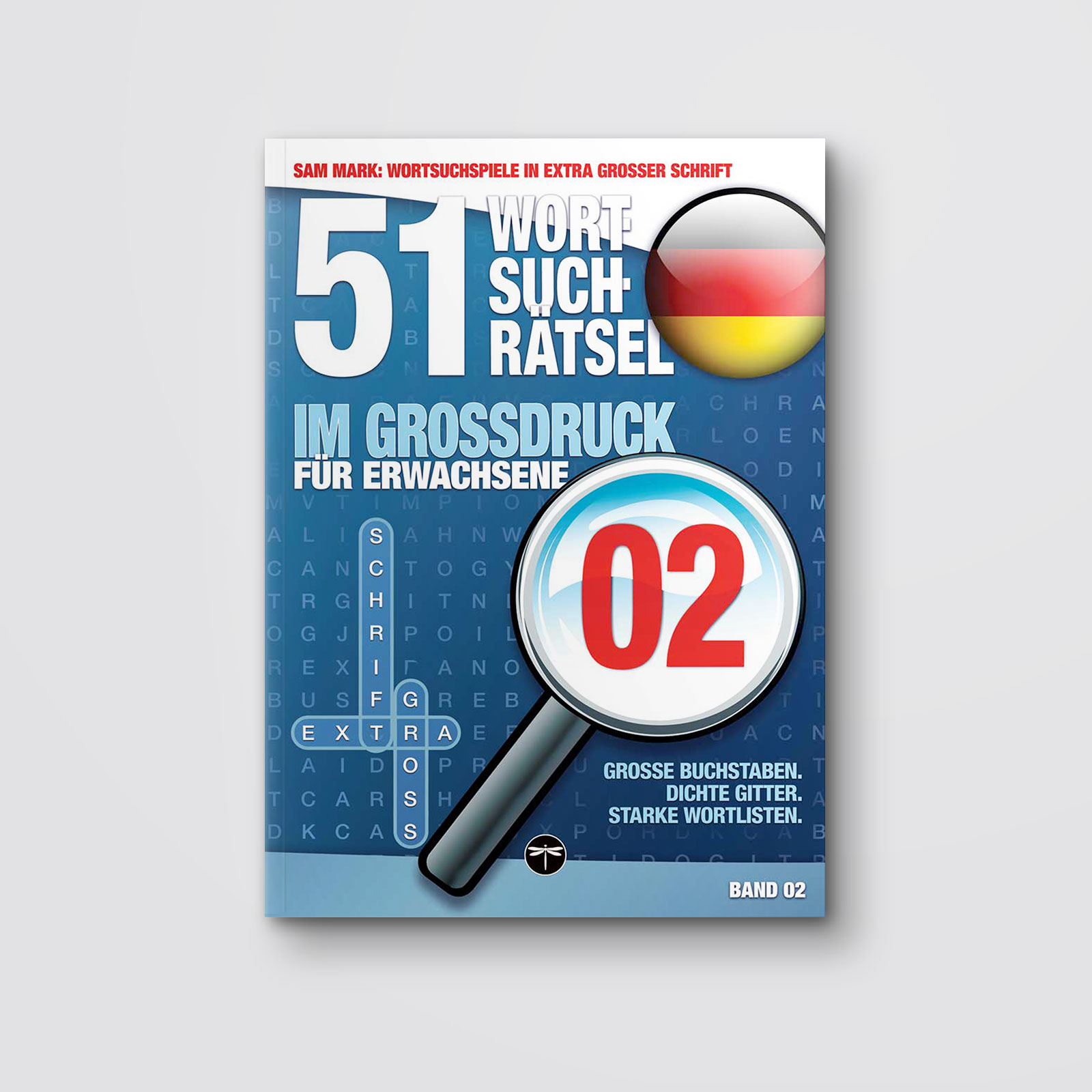 Sam Mark, Wortsuchrätsel in extra großer Schrift, Titelbild von Band 02, Mockup des geschlossenen Buches auf hellem Untergrund