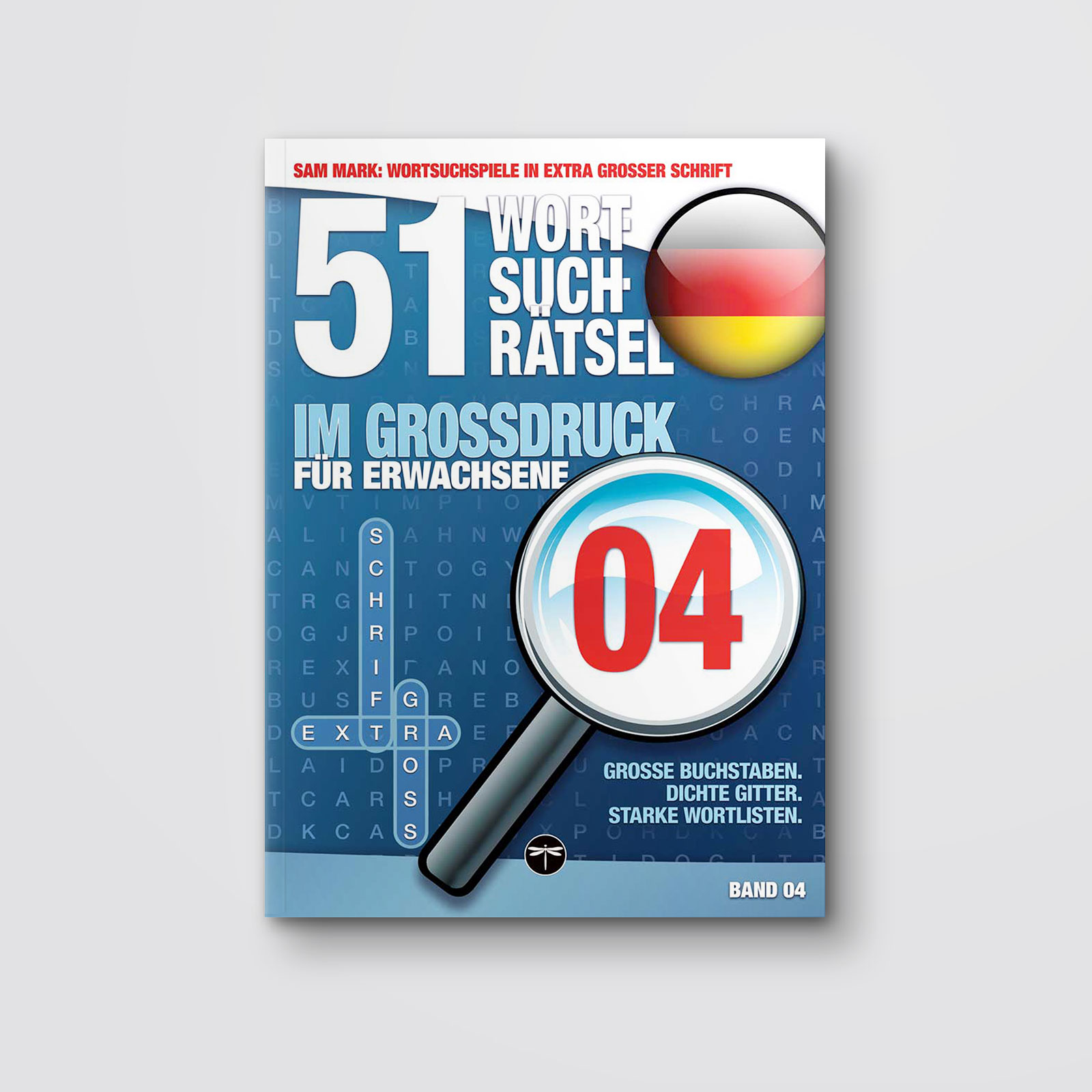 Sam Mark, Wortsuchrätsel in extra großer Schrift, Titelbild von Band 04, Mockup des geschlossenen Buches auf hellem Untergrund